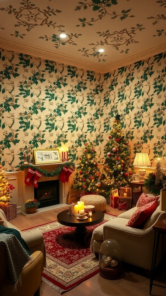 Mistletoe Christmas Wallpaper Aesthetic A cozy room with mistletoe wallpaper, decorated for Christmas with lights and a tree.